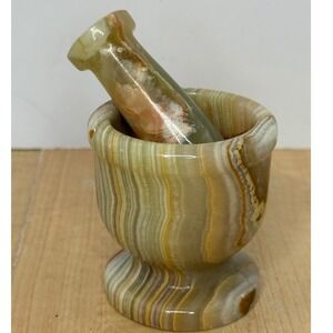 Vintage Green Onyx Mortar and Pestle Set Hand Carved Polished Stone Decorative